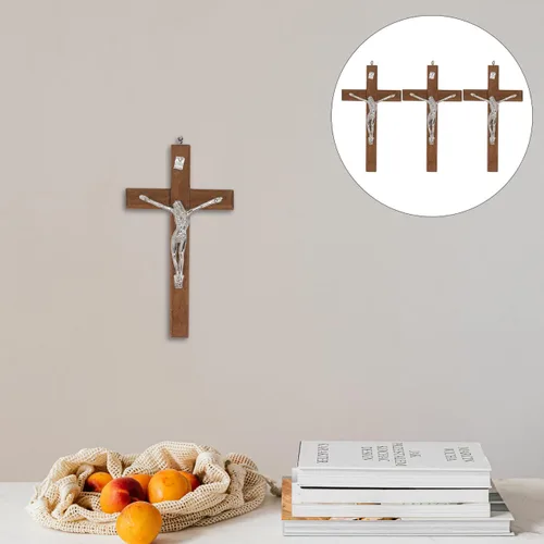 Vista 7 de BESTOYARD Arte de pared de madera, paquete de 3 – Medalla de 5 pulgadas con cruz de crucifijo pequeño y cruz católica colgante – Regalo religioso