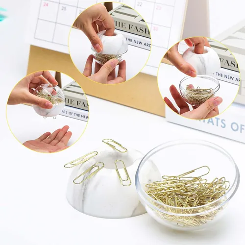 Vista 3 de 100 clips de papel dorados de 0.116 pulgadas (1.102 in), tamaño mediano en mármol blanco, dispensador de clips redondos, estuche de almacenamiento