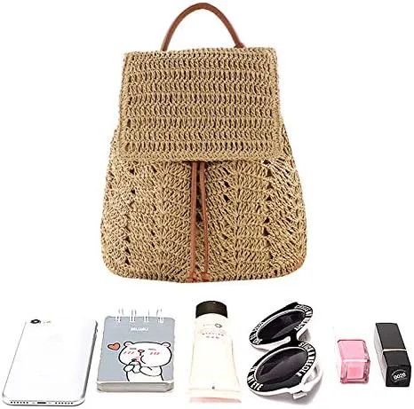 Vista 5 de Sherry Moda paja mochila para las mujeres cordón bolso de hombro bohemio playa bolsos
