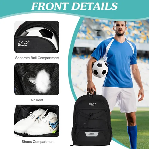 Vista 3 de WOLT - Mochila para balón de fútbol juvenil, bolsa deportiva con soporte para balón y compartimento para zapatos, para fútbol, fútbol americano