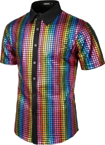 Vista 2 de JOGAL Camisa de vestir para hombre de lentejuelas plateadas manga corta botones hacia abajo de los años 70