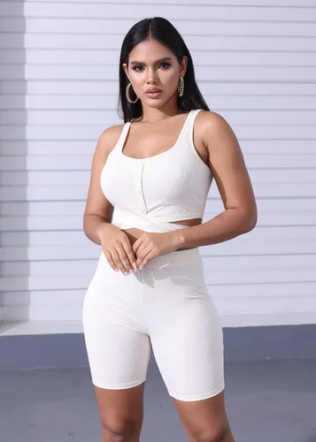 Vista 5 de Halfword Conjuntos de entrenamiento para mujer, acanalados, con tirantes cruzados, pantalones cortos, conjuntos de 2 piezas