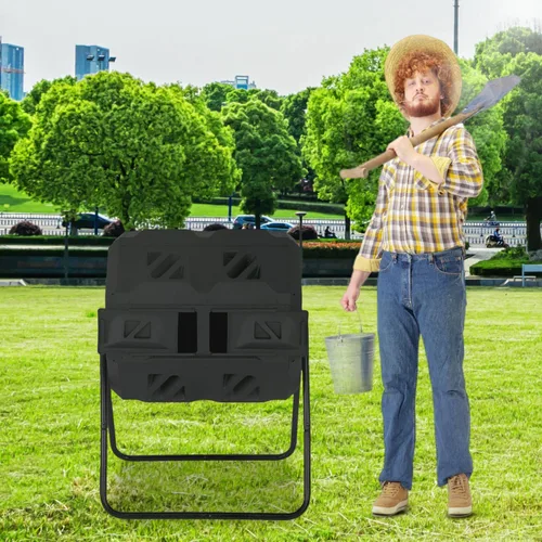 Vista 5 de Contenedor de compostaje para exteriores, doble cámara, capacidad de 43 galones, sin BPA, giratorio por lotes, con puertas correderas, compostador