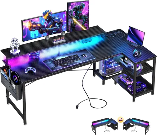 Vista 12 de ODK Escritorio para juegos de 40 pulgadas con tomas de alimentación USB y luces LED, escritorio reversible en forma de L con estantes