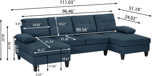 Vista 2 de Sofá modular de 105 pulgadas para sala de estar, sofá en forma de U de 4 plazas con doble diván de fibra de lino de poliéster, color azul Gris claro