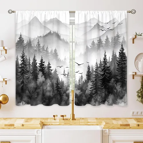 Vista 16 de Cortinas de cocina pequeñas de montaña abstracta verde azulado, tratamiento de ventana de montaña, naturaleza, puesta de sol, paisaje, cafetería