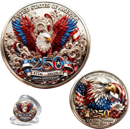 Vista 10 de Moneda del 250 aniversario de Estados Unidos 1776-2026 Mercancía 3D America 250 para celebración patriótica, regalos del Día de la Independencia