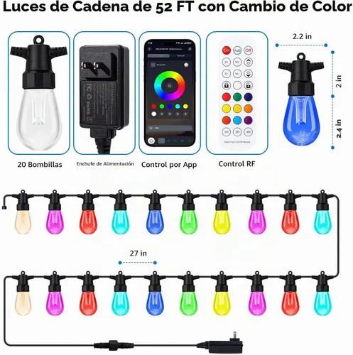 Vista 3 de TviewSmart Outdoor String Lights, 52FT 20 RGBW LED Bulbs, Patio Lights