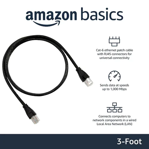 Vista 2 de Amazon Basics - Cable de conexión Ethernet RJ45 Cat 6, velocidad de transferencia de 1 Gpbs, conectores chapados en oro, 3 pies para PC, TV