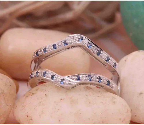 Vista 5 de Anillo doble de oro redondo de oro de 14 quilates con zafiro azul y diamante blanco para mujer