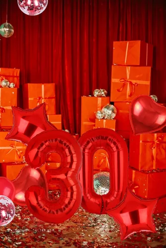 Vista 7 de Globos rojos de 40 pulgadas con números de Mylar para decoración de fiesta de cumpleaños número 10 Globos digitales de helio, 10 suministros