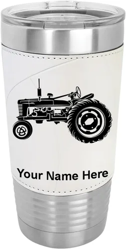 Vista 8 de LaserGram Vaso aislado al vacío de 20 onzas, Old Farm Tractor, grabado personalizado incluido (piel sintética, estilo béisbol) Engraved Gift, Faux