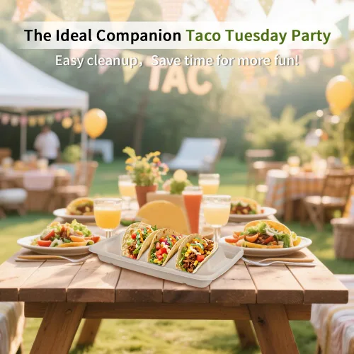 Vista 3 de Paquete de 110 soportes desechables para tacos, platos de tacos desechables con 3 divisores para decoraciones de martes de tacos y juego de servir