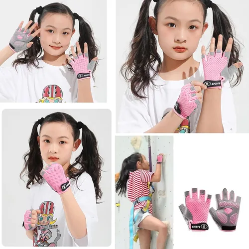 Vista 7 de Guantes de ciclismo para niños y niñas de 5 a 9 años de edad, color rosa con medio dedo, antideslizantes, con relleno, antideslizantes, sin dedos