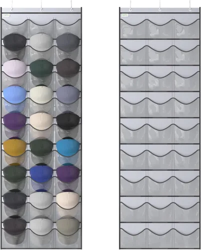 Vista 14 de Estante para gorras de béisbol, organizador de 24 bolsillos para colgar en la puerta con bolsillos profundos transparentes para mostrar la colección