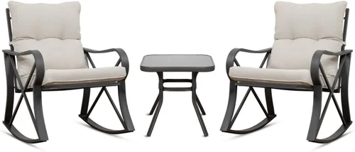 Vista 10 de COSIEST Juego de 3 sillas mecedoras para exteriores, muebles de patio de ratán para todo tipo de clima con 2 sillas, mesa de centro y cojines