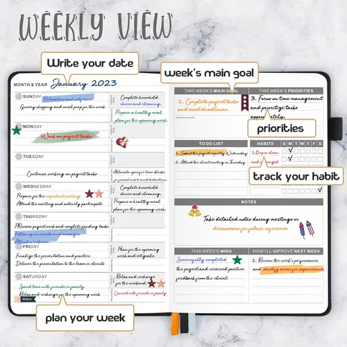Vista 3 de JUBTIC Agenda semanal y mensual sin fecha, agenda diaria de productividad, calendario para lista de tareas, cuaderno de organización A5