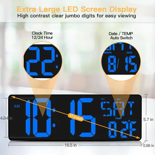 Vista 2 de XREXS Reloj de pared digital grande de 17,2 pulgadas con control remoto Azul