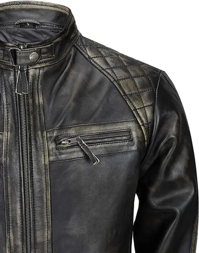 Vista 4 de Chaqueta de cuero vintage con hombros acolchados, estilo retro, clásico, con diamantes desgastados, para motocicleta, Cafe Racer