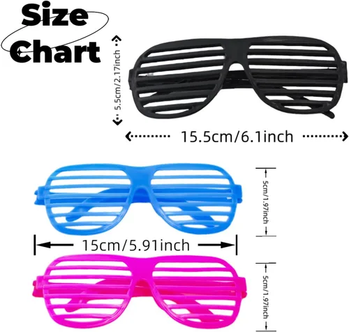 Vista 5 de Paquete de 4 lentes negros y neón para obturador, gafas retro ranuradas, divertidas gafas de los años 80 y 90, recuerdos de fiesta, cumpleaños