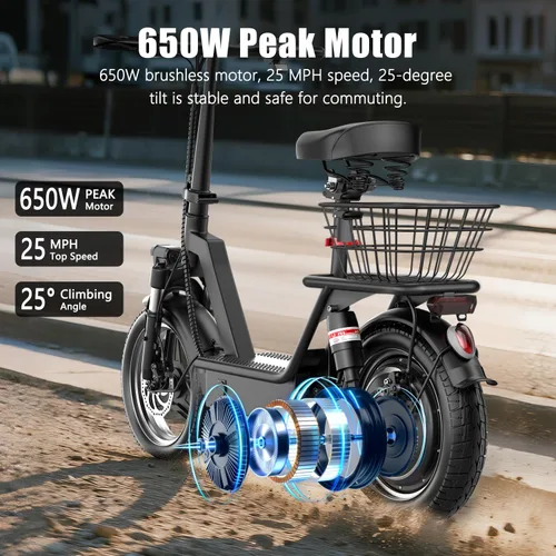 Vista 4 de ASKGO Electric Scooter for Adults, 650W Peak Motor Electric Scooter with Seat, 25Mph & 35Miles Range, 14" Foldable Escooter with Dual Suspension