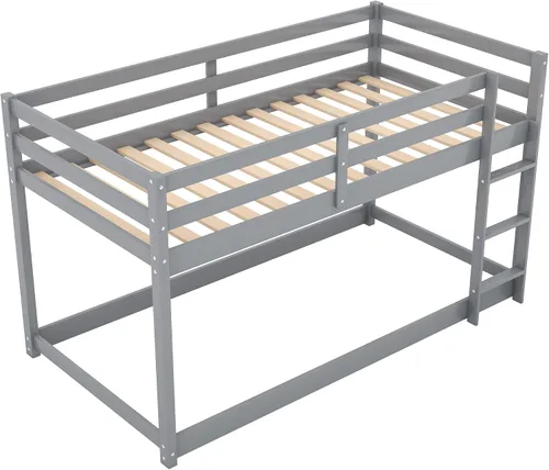 Vista 7 de Harper & Bright Designs Literas bajas de tamaño individual sobre individual para niños, base de cama de madera maciza con escalera, litera para Gris