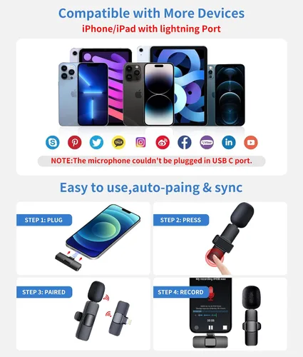 Vista 6 de Juego de 2 micrófonos inalámbricos de solapa Lavalier para iPhone, iPad, micrófono de grabación de condensador omnidireccional inalámbrico