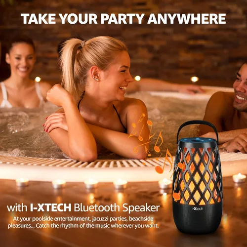 Vista 5 de IXTECH Altavoz Bluetooth para exteriores, impermeable, inalámbrico, con luz de llama LED, altavoz Bluetooth para ducha para camping, patio