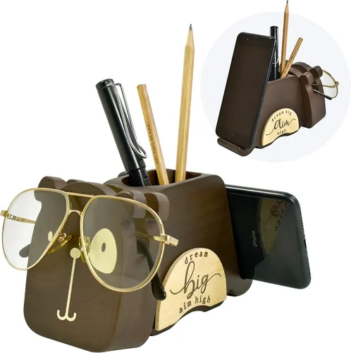 Vista 13 de I'm - Soporte multiusos de madera para lentes, teléfono, pluma y lápiz, accesorios de escritorio, decoración de escritorio, hogar, oficina Oso