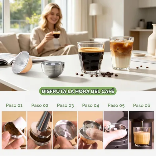 Vista 8 de Cápsulas Vertuo Reutilizables de Acero Inoxidable Compatibles con VERTUO NEXT+RECARGA+Alumin-VERTUO-Pods-80+150+230ml Cada 2 Piezas +Tamizador