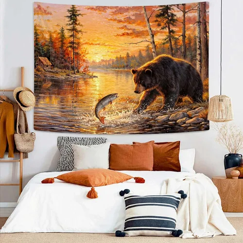 Vista 3 de DYNH Tapiz de pesca de oso negro, para colgar en la pared de cabaña de lago y puesta de sol, paisaje, naturaleza, bosque, tapiz para dormitorio