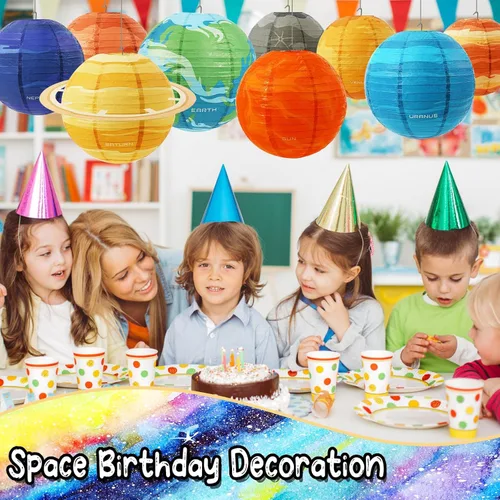 Vista 5 de Faroles de papel de planeta espacial de 12 pulgadas para colgar del sistema solar, decoración de fiesta fuera de este mundo para niños, suministros
