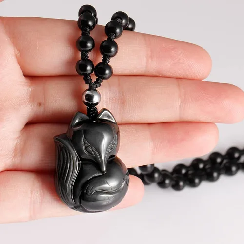 Vista 4 de Jewever Collar de obsidiana negra de zorro de la suerte, piedra natural, colgante de cristal curativo, amuleto de protección, joyería colgante