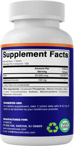 Vista 8 de Vitamatic Biotina de alta potencia de 20000 mcg (20 mg) con queratina 100 mg – 120 tabletas – Suplementos de biotina para un cabello, piel y uñas
