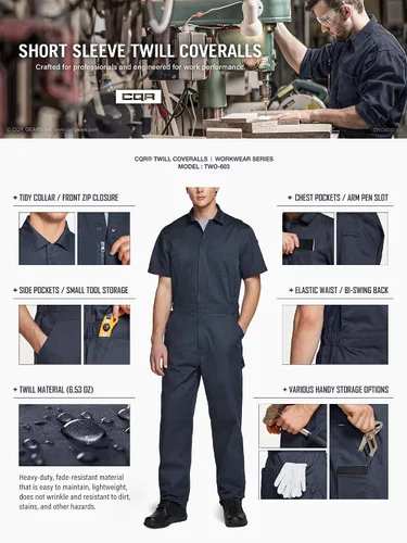 Vista 5 de CQR - Overol para hombre con manga corta, cremallera frontal, múltiples bolsillos, resistente a las manchas y a las arrugas
