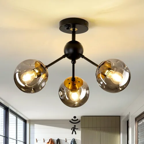 Vista 10 de Lámpara de techo de 1 bombilla de techo con forma de globo de cristal, moderna y semiempotrada de color negro para pasillo, porche, escalera