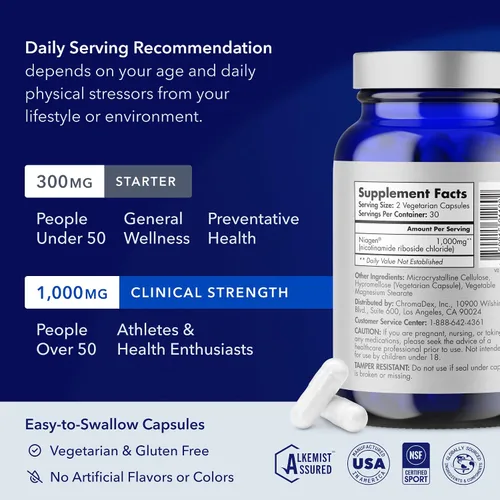 Vista 5 de TRU NIAGEN - Suplemento patentado NAD+ Ribosida de nicotinamida (NR) 30-1000 mg porciones (2 x 500 mg, toma 2 diarios)