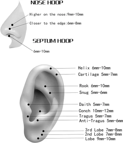Vista 4 de Orangelove Aretes nasales hipoalergénicos, acero quirúrgico 316L, calibre 20, 18, 16, 14, 12, 10 y 8, joyería para tabique con segmento de bisagra
