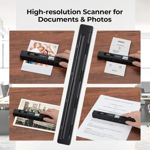 Vista 2 de Escáner portátil MUNBYN, escáner de fotos para documentos A4, imágenes, páginas y textos en 900 DPI, escaneo plano, incluye tarjeta SD de 16G