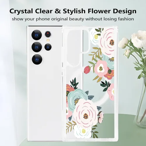 Vista 2 de Funda magnética para Samsung Galaxy S22 Ultra Flower, compatible con MagSafe, patrón floral transparente a prueba de golpes, parte trasera