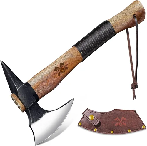 Vista 9 de Grumpy Bear Hacha de Supervivencia de 11" para Camping - Hoja de Acero al Carbono Forjado con Mango de Madera de Nogal - Absorción de Impactos
