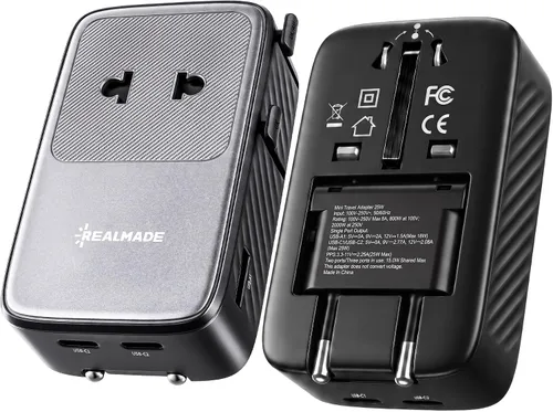 Vista 8 de Realmade Adaptador de viaje todo en uno Slim 25W PD Internacional, 2C+1A Negro