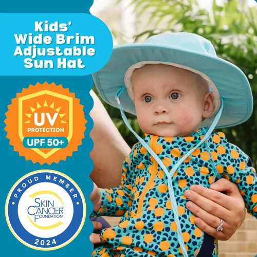 Vista 2 de SwimZip, sombrero unisex para niños, ala ancha, protección solar FPS 50, ajustable. Aguamarina