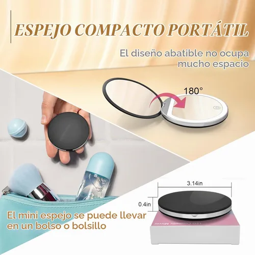 Vista 6 de Kakuje Espejo compacto con luz, espejo de bolsillo LED de aumento 1X/3X con cable de datos USB, mini espejo para bolso, bolsillo, viaje y regalo