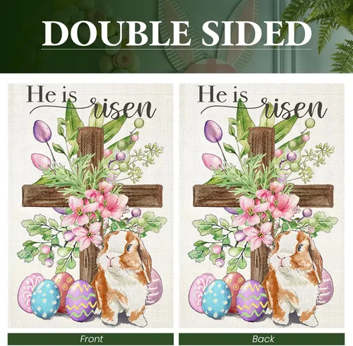 Vista 7 de Bandera de Pascua para exteriores, cruz religiosa con huevos de conejo, flores, banderas de patio para exteriores, bandera decorativa de primavera