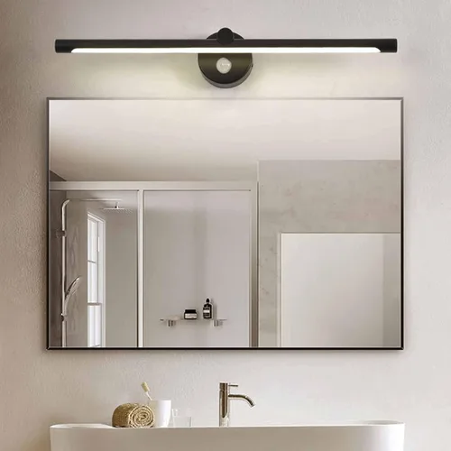 Vista 2 de Apliques de luz de pared, luz frontal de espejo negro con interruptor, luz de espejo de baño IP44 con detector de movimiento, luz LED para gabinete