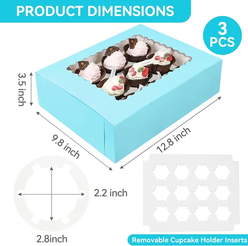 Vista 2 de Juego de 3 cajas para cupcakes a granel con ventana transparente para 12 cupcakes estándar, contenedor desechable de grado alimenticio azul