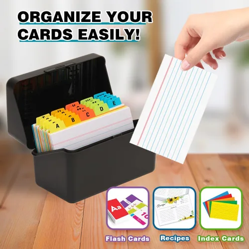 Vista 6 de H4D Tarjetero de índice de 3 x 5 con 100 tarjetas de índice a rayas pesadas y 25 divisores de plástico, color negro 3x5 Inch Plastic Box