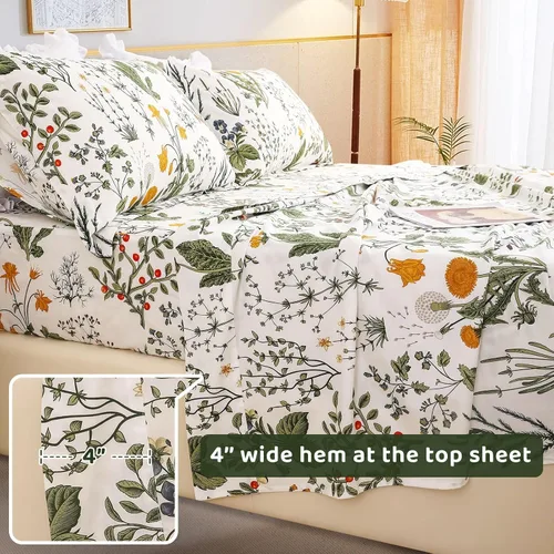 Vista 6 de QSH Sábanas 100% Algodón para Cama Tamaño Queen, Patrón Botánico de Plantas con Flores Amarillas, Sábanas de Cama Florales Impresas de Algodón