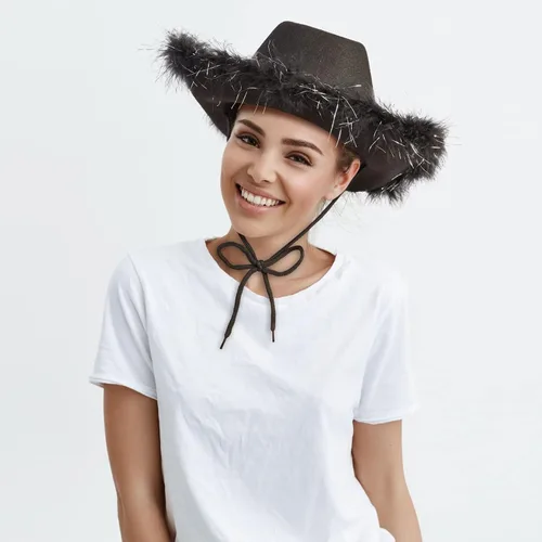 Vista 2 de Cowboy Hats for Women and Men - Fluffy, Sparkly Cowgirl Hat with Feathers for Costume, Dress Up Birthday, Party